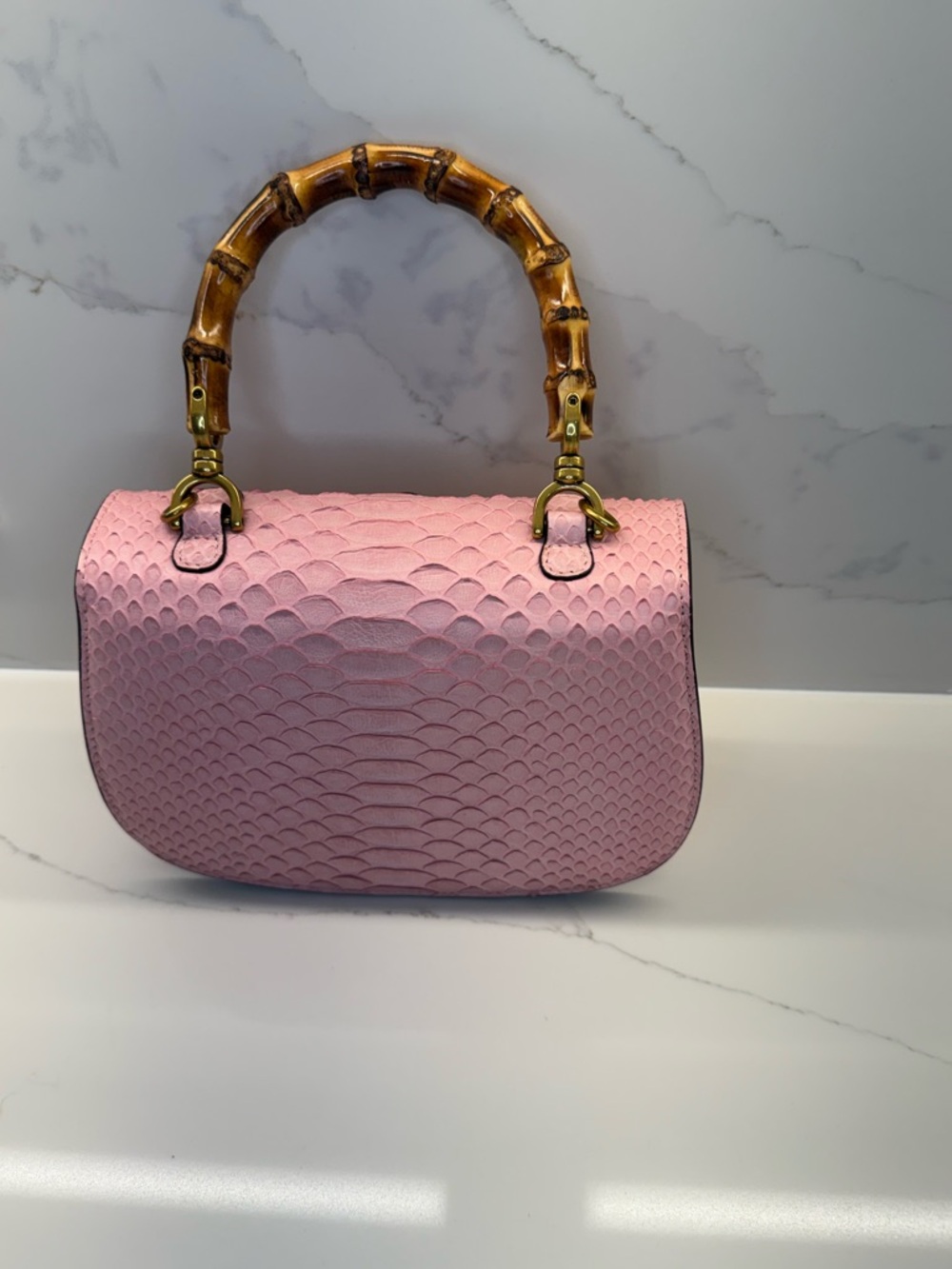Pink Python-Texture Bamboo Handle Shoulder Bag - Picture 2 of 4